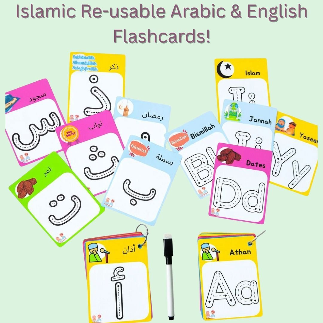 Reusable Arabic & English Alphabet Flashcards with Islamic Words – Dry Erase Learning Set